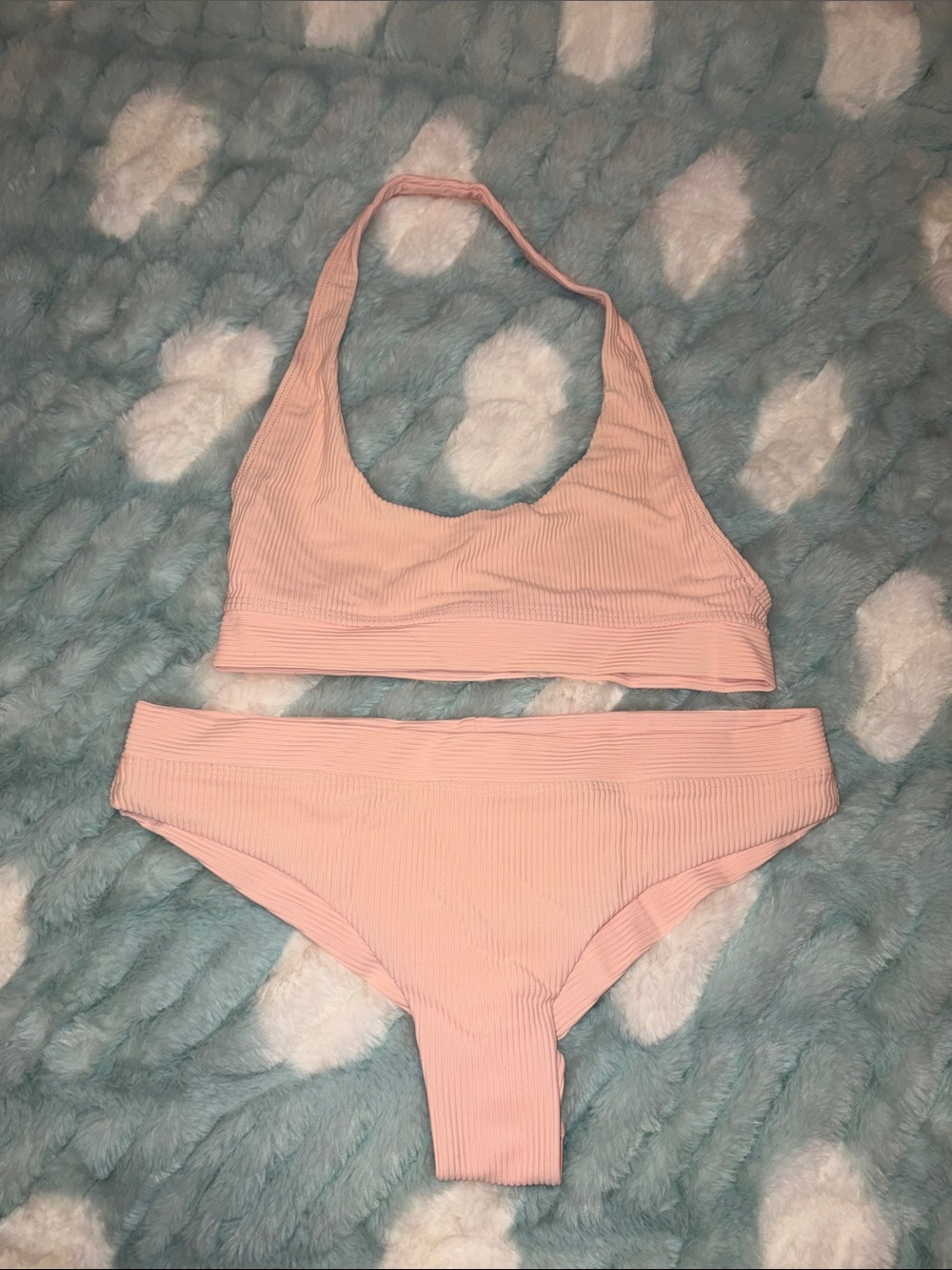 Frankie's Bikinis Light Pink Ribbed Halter Bikini Set